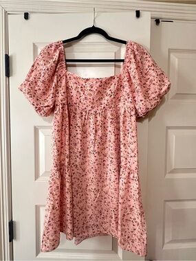 Dee Elly Pink Floral Square-Neck Mini Dress with Puff Sleeves